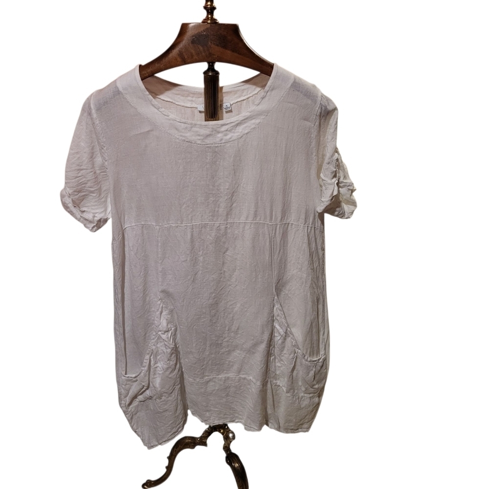 Vasna Italy Linen White Roll Sleeve Unlined Dress With Pockets Size Petite Large